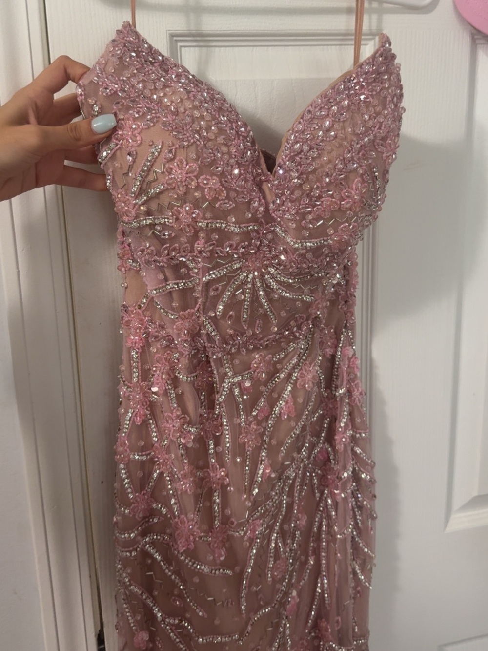 Embellished Pink Strapless Evening Dress